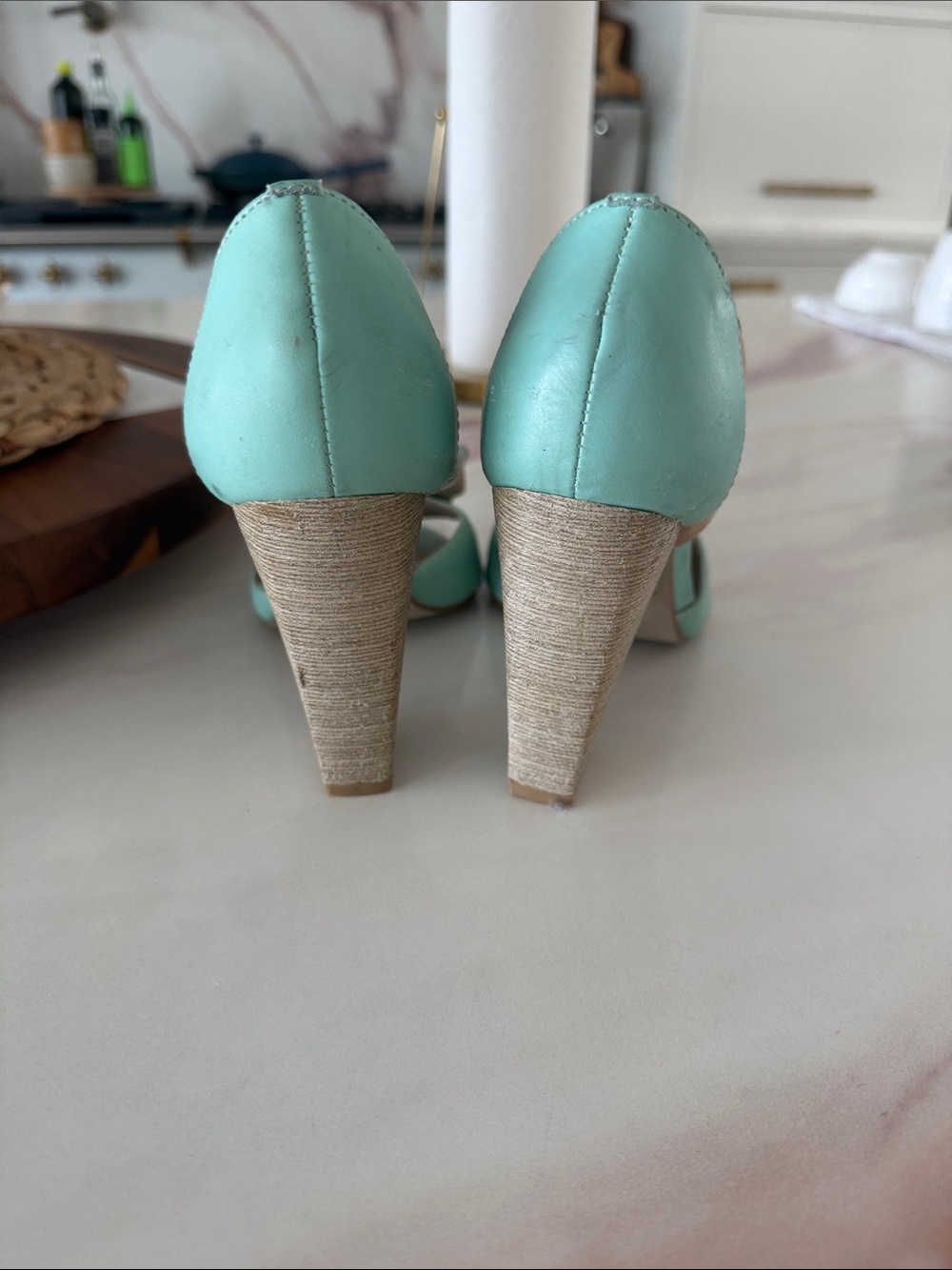 Miucha Mint Green & Peach Peep-Toe Block Heel Pumps - Picture 4 of 5